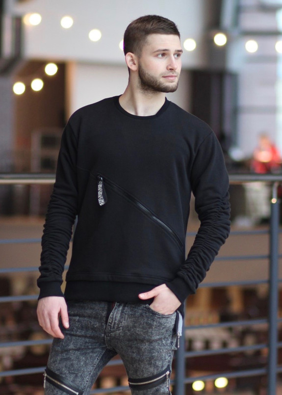 Свитшот мужской со сборкой на рукавах и молнией черный Nawski Изображение Свитшот мужской со сборкой на рукавах и молнией черный Nawski