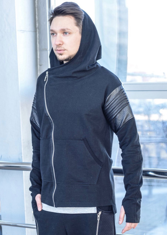 Худи мужское с кожаными вставками черное Nawski Изображение Худи мужское с кожаными вставками черное Nawski