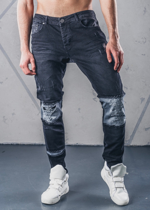 Джинсы мужские со вставками на коленях черные MFStore  Изображение Джинсы мужские со вставками на коленях черные MFStore