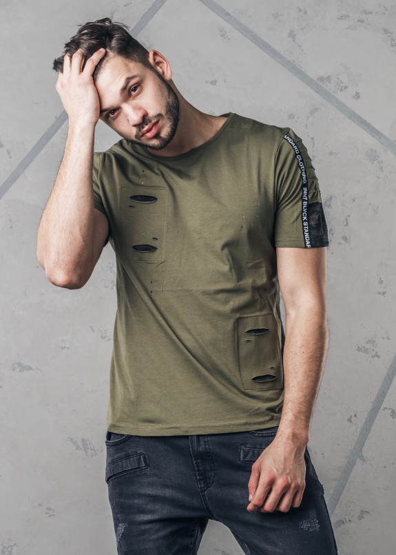 Футболка мужская с декоративными разрезами хаки MFStore Изображение Футболка мужская с декоративными разрезами хаки MFStore