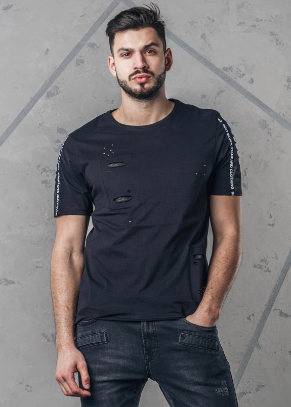 Футболка мужская с декоративными разрезами черная MFStore Изображение Футболка мужская с декоративными разрезами черная MFStore