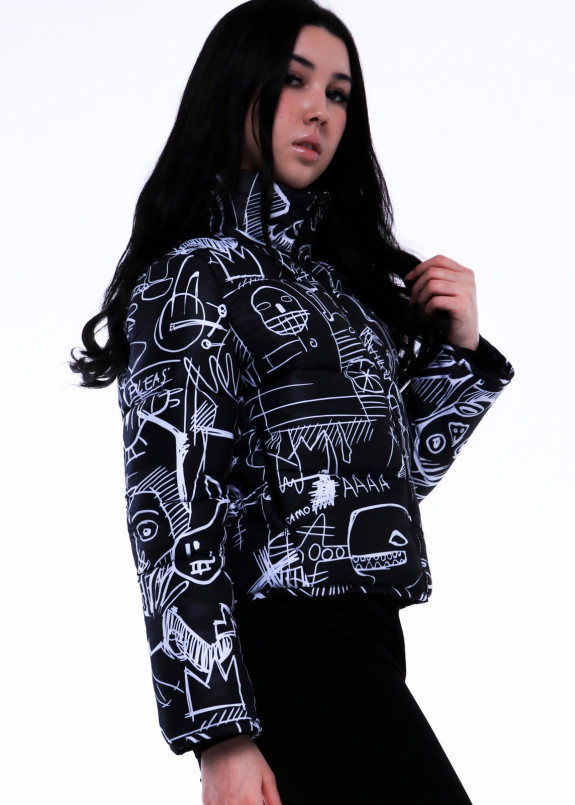 Куртка женская короткая черная с белым принтом INSHA Изображение Куртка женская короткая черная с белым принтом INSHA