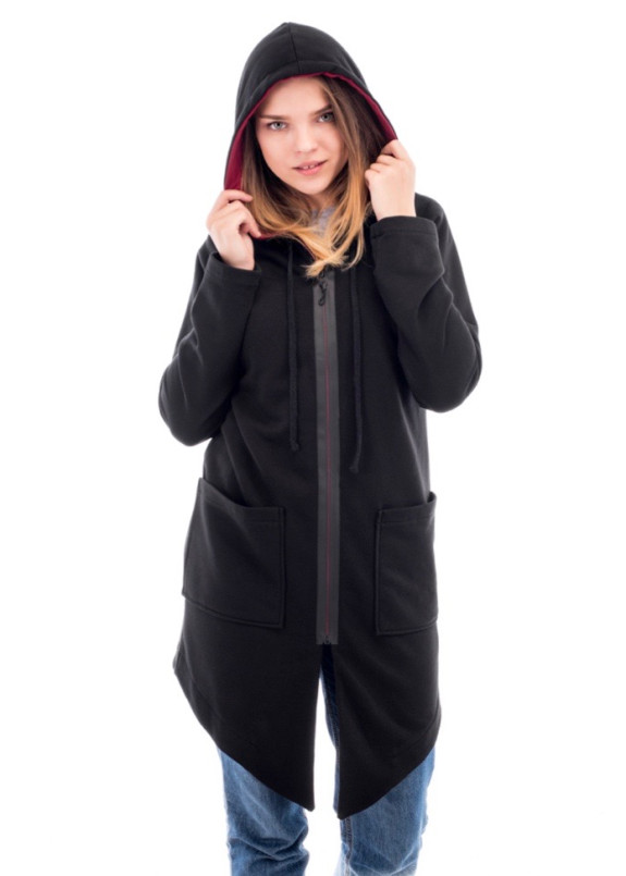 Кардиган женский с капюшоном черный с бордовым Wolff Изображение Кардиган женский с капюшоном черный с бордовым Wolff