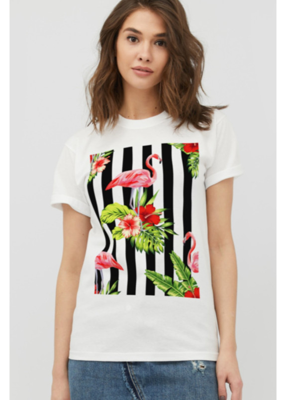 Футболка женская белая Flamingo Boyfriend YAPPI Изображение Футболка женская белая Flamingo Boyfriend YAPPI