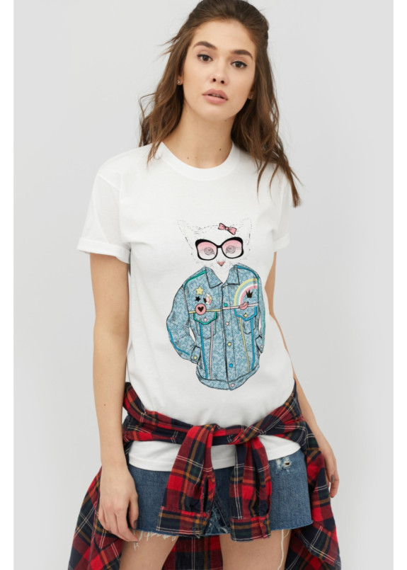 Футболка женская белая Cat Boyfriend YAPPI Изображение Футболка женская белая Cat Boyfriend YAPPI