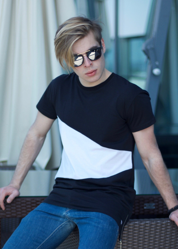 Футболка мужская удлиненная черная с белым Shi Изображение Футболка мужская удлиненная черная с белым Shi