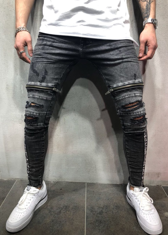 Джинсы мужские с разрезами и декоративными лентами серые MFStore Изображение Джинсы мужские с разрезами и декоративными лентами серые MFStore