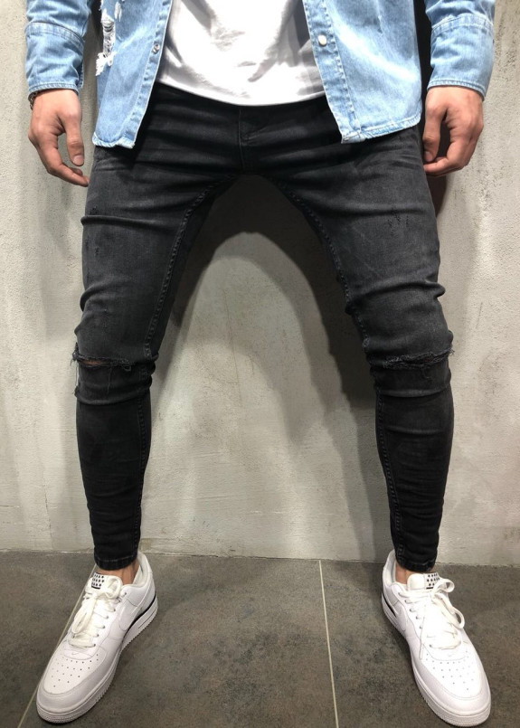 Изображение Джинсы мужские с разрезами на коленях черные MFStore