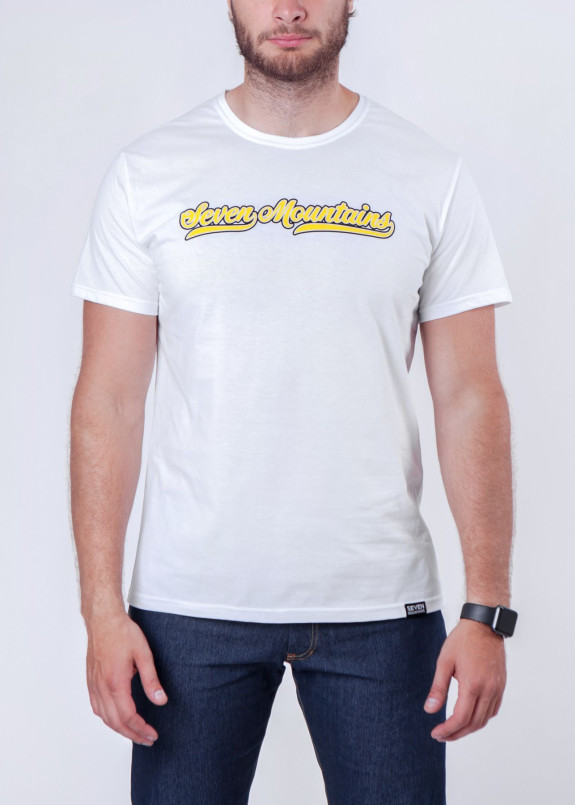 Футболка мужская белая с желтым Baseball Seven Mountains Изображение Футболка мужская белая с желтым Baseball Seven Mountains
