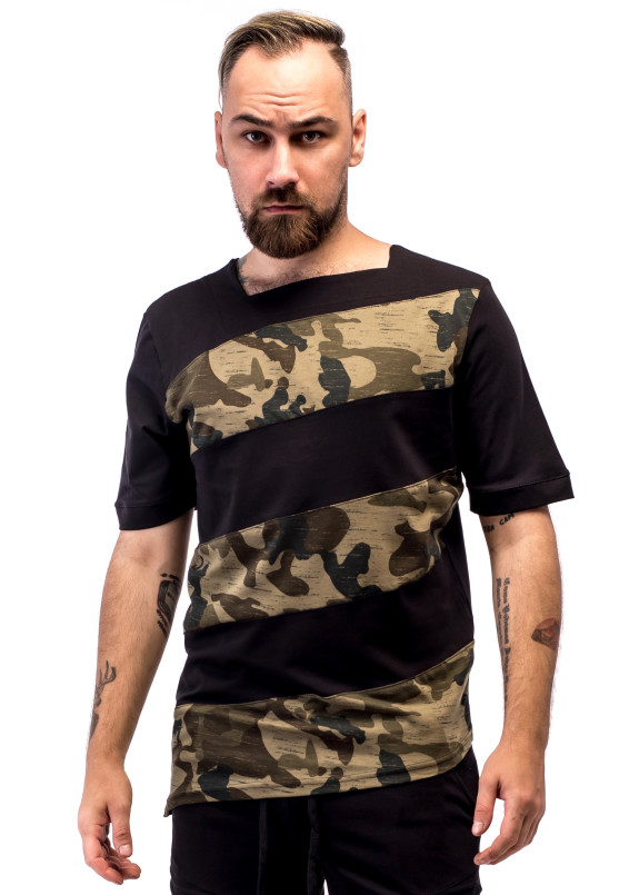 Футболка мужская черная с камуфляжными вставками ThePARA Изображение Футболка мужская черная с камуфляжными вставками ThePARA