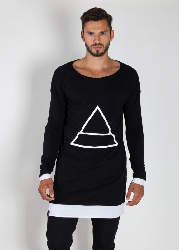 Лонгслив двухцветный с принтом черный с белым Треугольник MFS BRAND Изображение Лонгслив двухцветный с принтом черный с белым Треугольник MFS BRAND