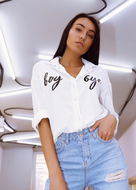 Рубашка женская с принтом белая She Black Limit Изображение Рубашка женская с принтом белая She Black Limit