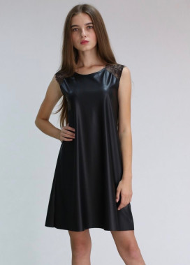 Платье-трапеция с кружевом из масло-кожи черное MARO Изображение Платье-трапеция с кружевом из масло-кожи черное MARO