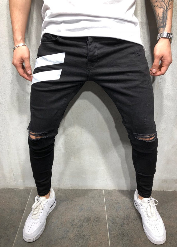 Джинсы мужские с разрезами и белыми полосками черные MFStore Изображение Джинсы мужские с разрезами и белыми полосками черные MFStore