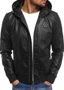 Куртка из эко-кожи с капюшоном и лого черная MFSTORE Изображение Куртка из эко-кожи с капюшоном и лого черная MFSTORE