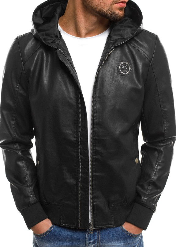 Куртка из эко-кожи с капюшоном и лого черная MFSTORE Изображение Куртка из эко-кожи с капюшоном и лого черная MFSTORE