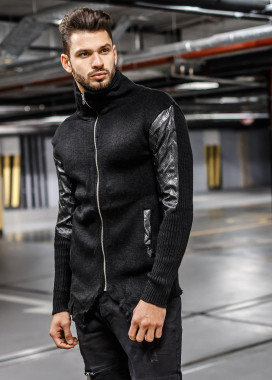 Черный кардиган на молнии с кожзам вставками MFSTORE Изображение Черный кардиган на молнии с кожзам вставками MFSTORE