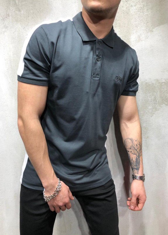 Футболка поло с белыми лампасами серая MFStore Изображение Футболка поло с белыми лампасами серая MFStore