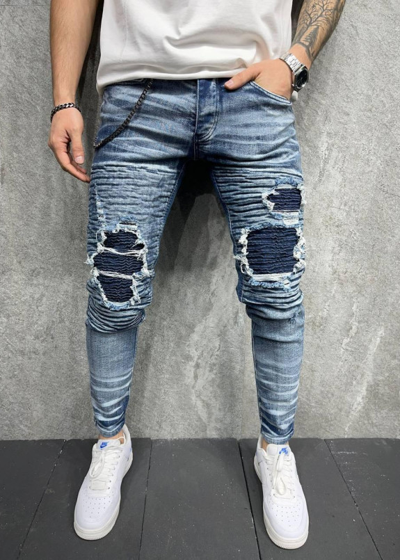 Изображение Джинсы узкие мужские с рифлеными коленями синие MFStore