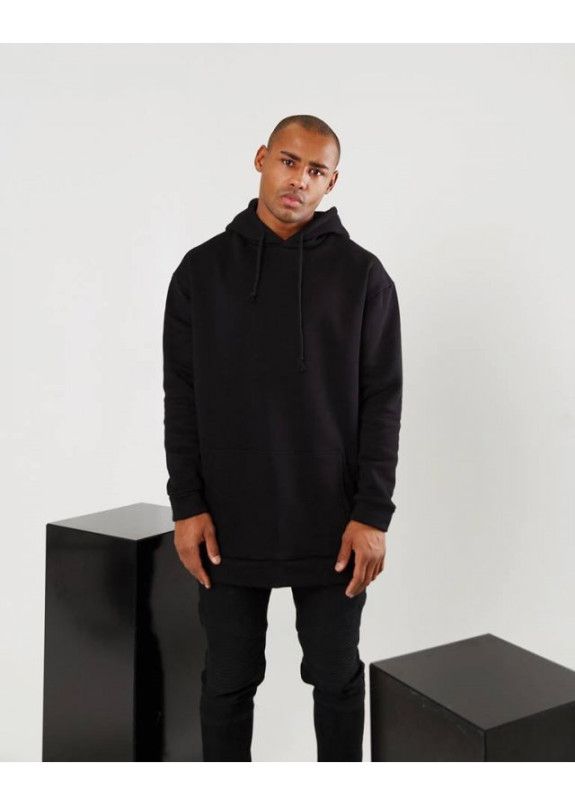 Худи мужское удлененное черное на флисе Изображение Худи мужское удлененное черное на флисе
