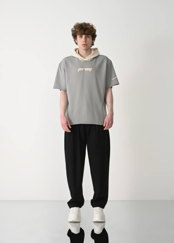 Оверсайз футболка з капюшоном і текстом pray сіра MFStore Изображение Оверсайз футболка з капюшоном і текстом pray сіра MFStore