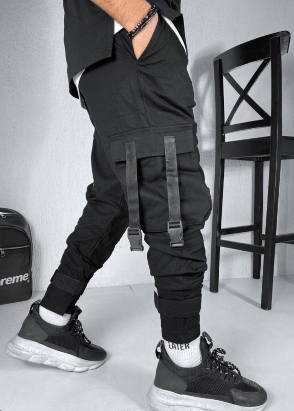 Джоггери карго чоловічі на липучках з лампасами чорні MFStore Изображение Джоггери карго чоловічі на липучках з лампасами чорні MFStore