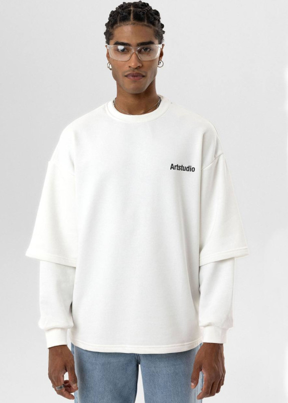 Лонгслів оверсайз з подвійним рукавом і текстом білий MFStore Изображение Лонгслів оверсайз з подвійним рукавом і текстом білий MFStore