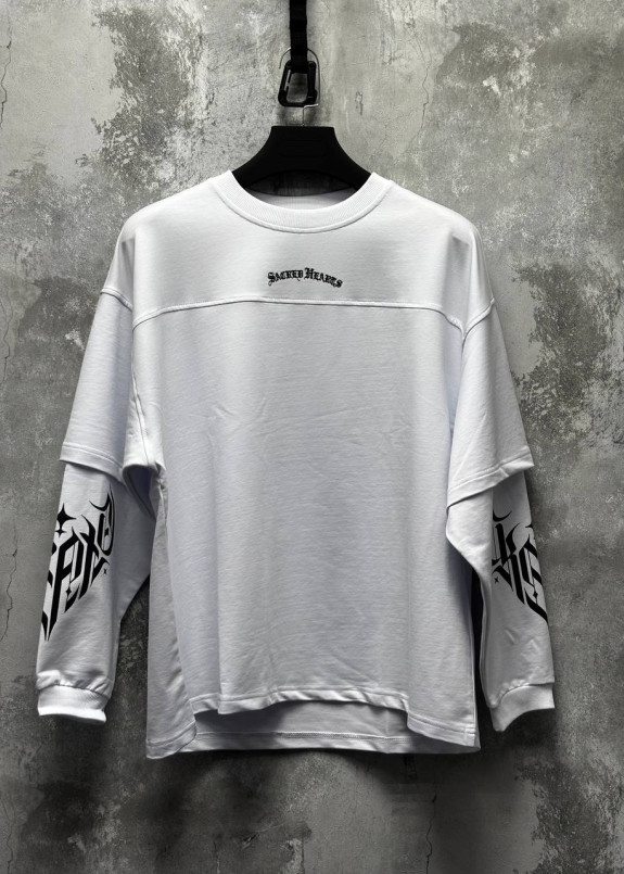 Стильний лонгслів з подвійним рукавом і принтом білий MFStore Изображение Стильний лонгслів з подвійним рукавом і принтом білий MFStore