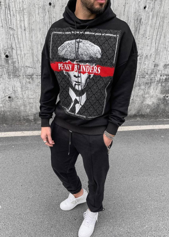 Худи мужское оверсайз с принтом на груди черное MFStore Изображение Худи мужское оверсайз с принтом на груди черное MFStore