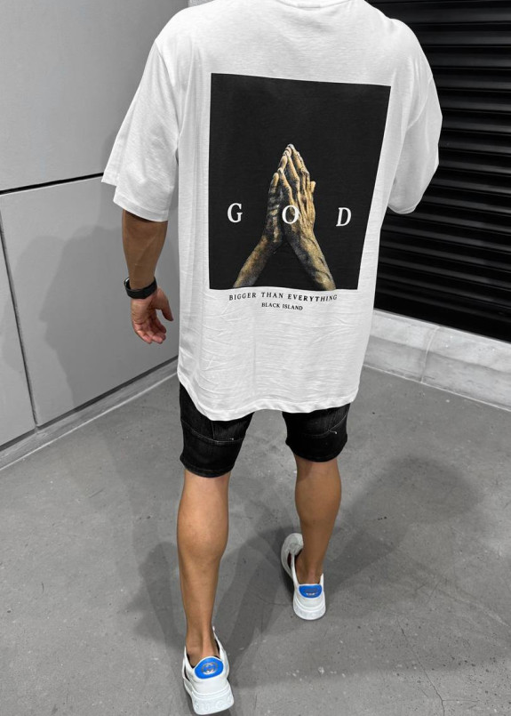 Футболка оверсайз з текстом і принтом only god біла MFStore Изображение Футболка оверсайз з текстом і принтом only god біла MFStore