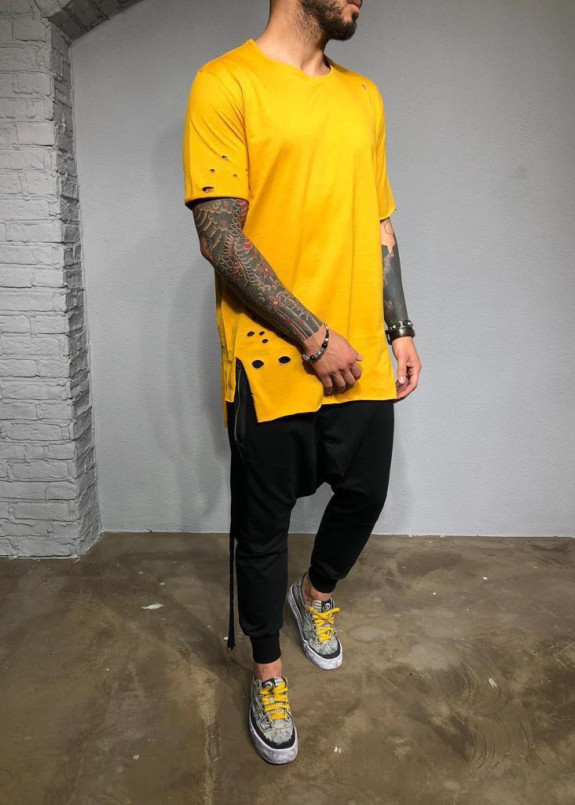 Футболка с дырками удлиненная желтая MFStore Изображение Футболка с дырками удлиненная желтая MFStore