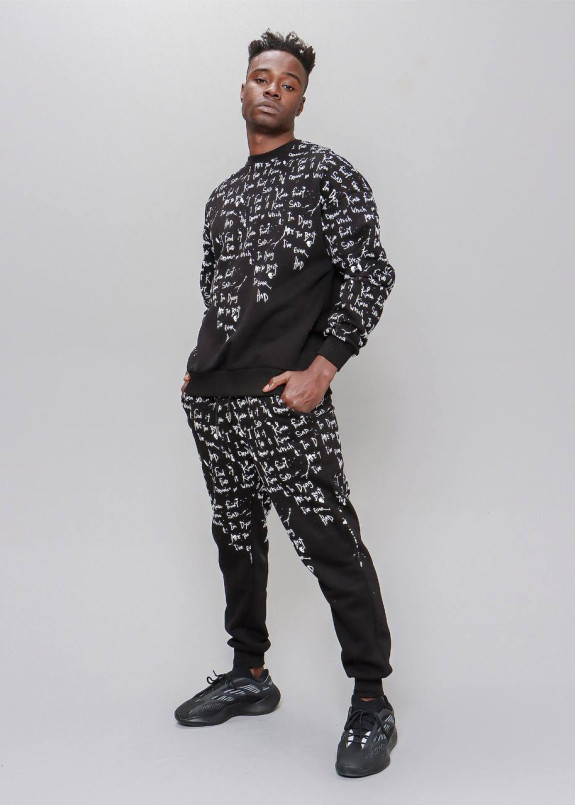 Костюм оверсайз з білим текстом на флісі чорний MFStore Изображение Костюм оверсайз з білим текстом на флісі чорний MFStore