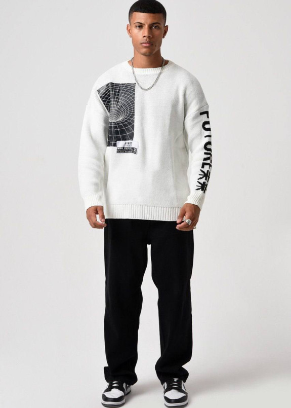 Светр чоловічий з текстом і принтами білий MFStore Изображение Светр чоловічий з текстом і принтами білий MFStore