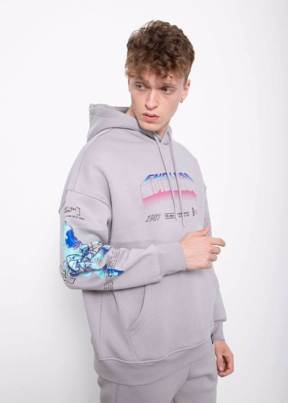 Худи оверсайз с текстом и принтами на рукавах серое MFStore Изображение Худи оверсайз с текстом и принтами на рукавах серое MFStore