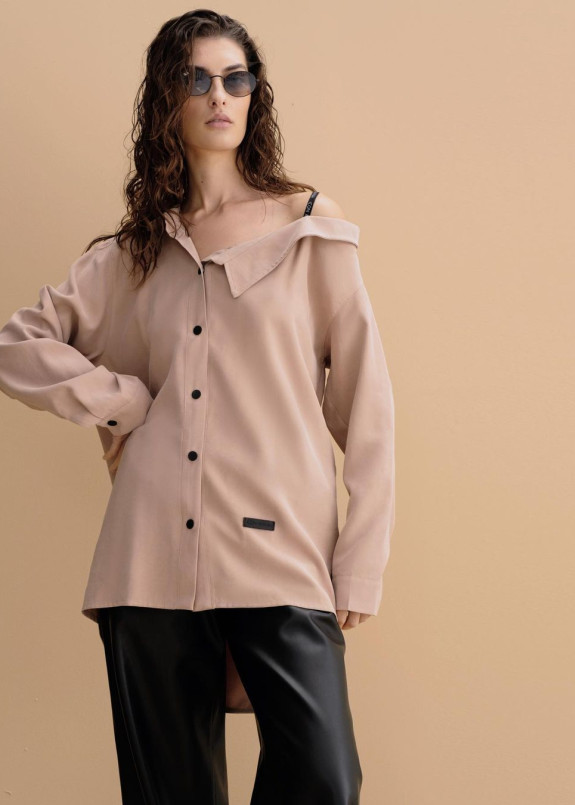 Женская бежевая оверсайз рубашка с поясом Изображение Женская бежевая оверсайз рубашка с поясом