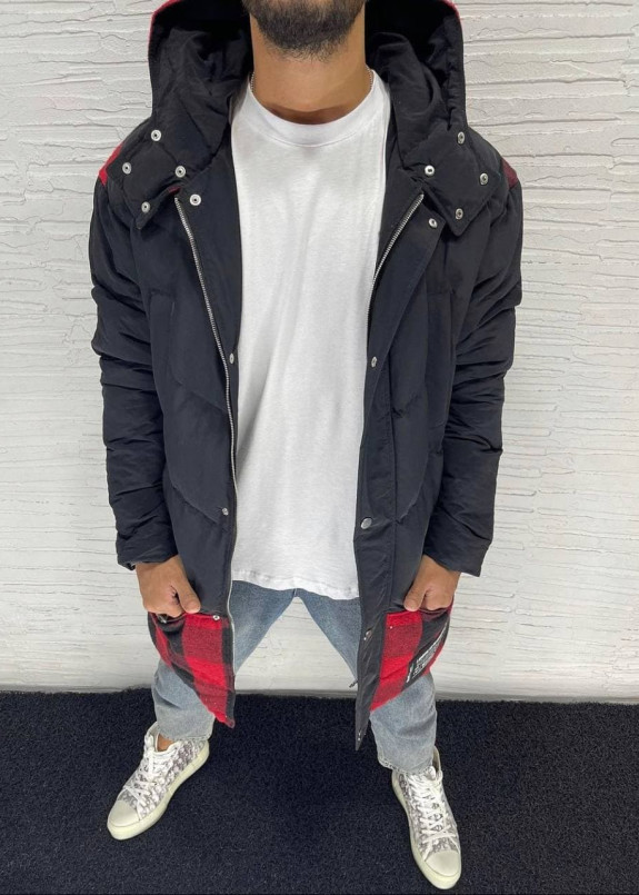 Парка мужская с клетчатой вставкой снизу и капюшоном черная MFStore Изображение Парка мужская с клетчатой вставкой снизу и капюшоном черная MFStore