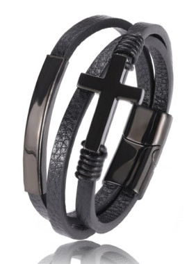 Браслет Steel Cross кожа и сталь черный fashion Изображение Браслет Steel Cross кожа и сталь черный fashion