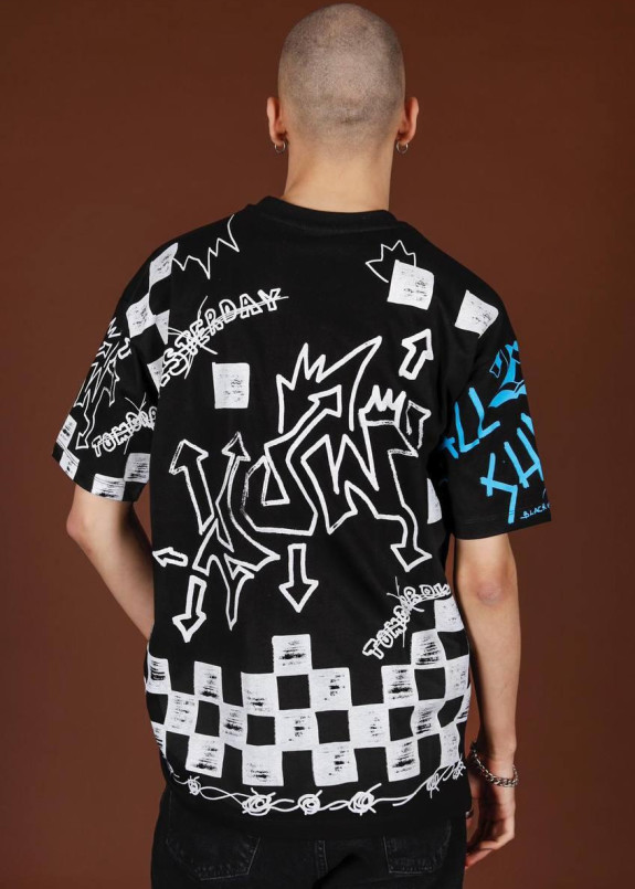 Стильная футболка оверсайз с принтами черная MFStore Изображение Стильная футболка оверсайз с принтами черная MFStore
