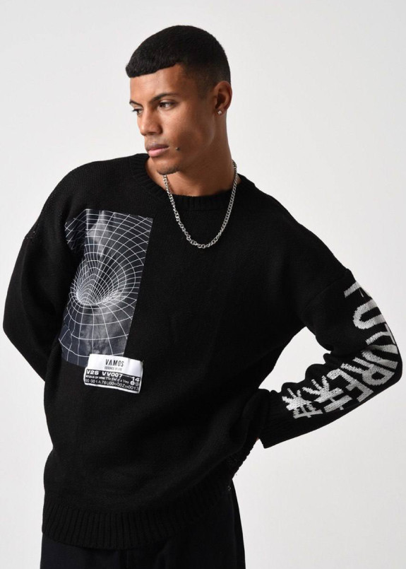 Светр чоловічий з текстом і принтами чорний MFStore Изображение Светр чоловічий з текстом і принтами чорний MFStore