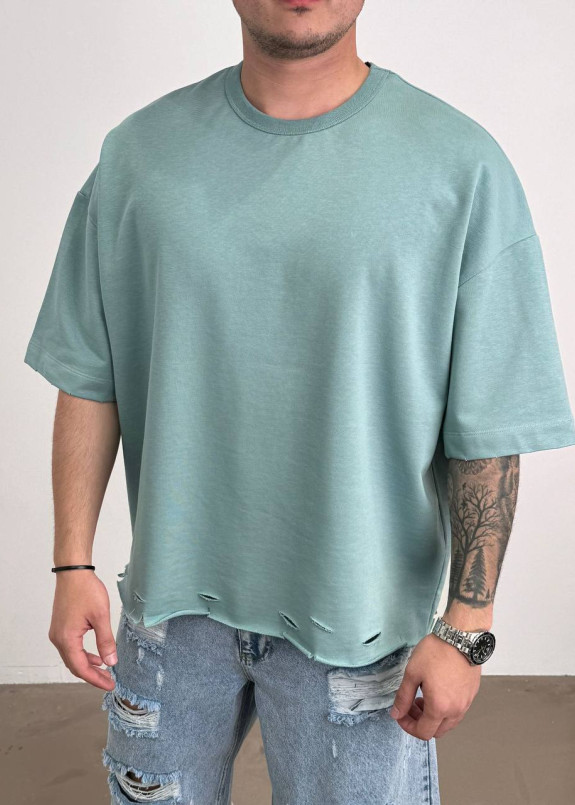 Футболка oversize з необробленим краєм та дірками ментол MFStore Изображение Футболка oversize з необробленим краєм та дірками ментол MFStore