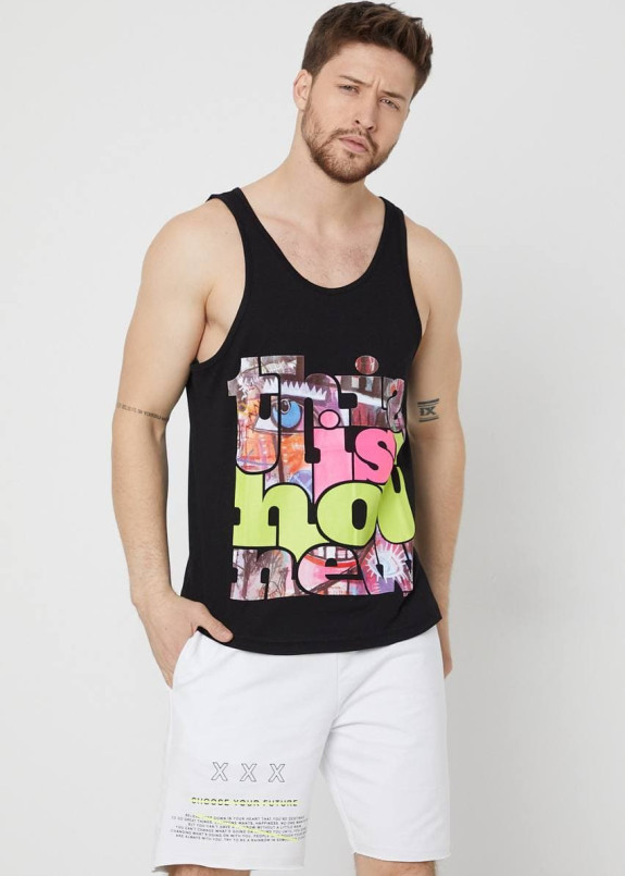 Майка черная с разноцветными текстом MFStore Изображение Майка черная с разноцветными текстом MFStore