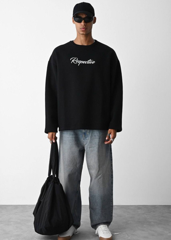 Світшот оверсайз з текстом на флісі чорний MFStore Изображение Світшот оверсайз з текстом на флісі чорний MFStore