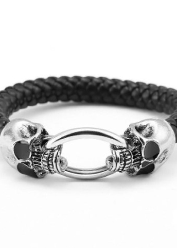 Браслет кожаный 2 черепа на кольце Fashion Изображение Браслет кожаный 2 черепа на кольце Fashion