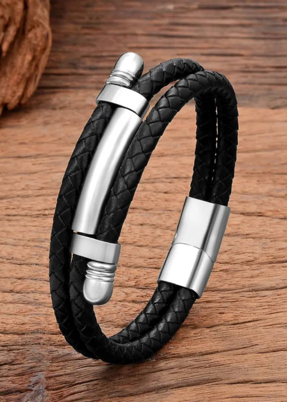 Браслет-мотузка шкіряний з металічною вставкою хром MFStore Изображение Браслет-мотузка шкіряний з металічною вставкою хром MFStore