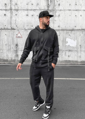 Оверсайз худи на молнии с накладными карманами черное MFStore Изображение Оверсайз худи на молнии с накладными карманами черное MFStore