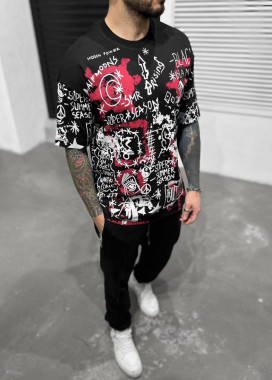 Футболка свободного кроя с принтами черная MFStore Изображение Футболка свободного кроя с принтами черная MFStore