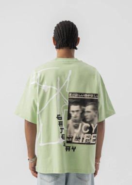 Стильна оверсайз футболка з текстом і принтами ментол MFStore Изображение Стильна оверсайз футболка з текстом і принтами ментол MFStore