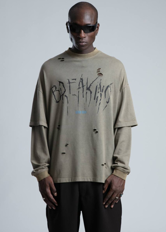 Лонгслів оверсайз з подвійним рукавом і текстом хакі MFStore Изображение Лонгслів оверсайз з подвійним рукавом і текстом хакі MFStore