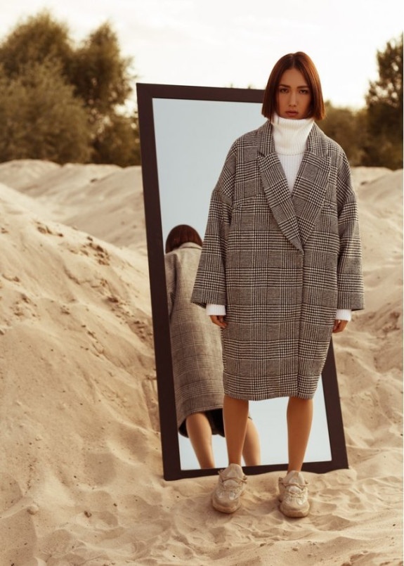 Пальто женское oversize принт клетка гусиная лапка серое Изображение Пальто женское oversize принт клетка гусиная лапка серое