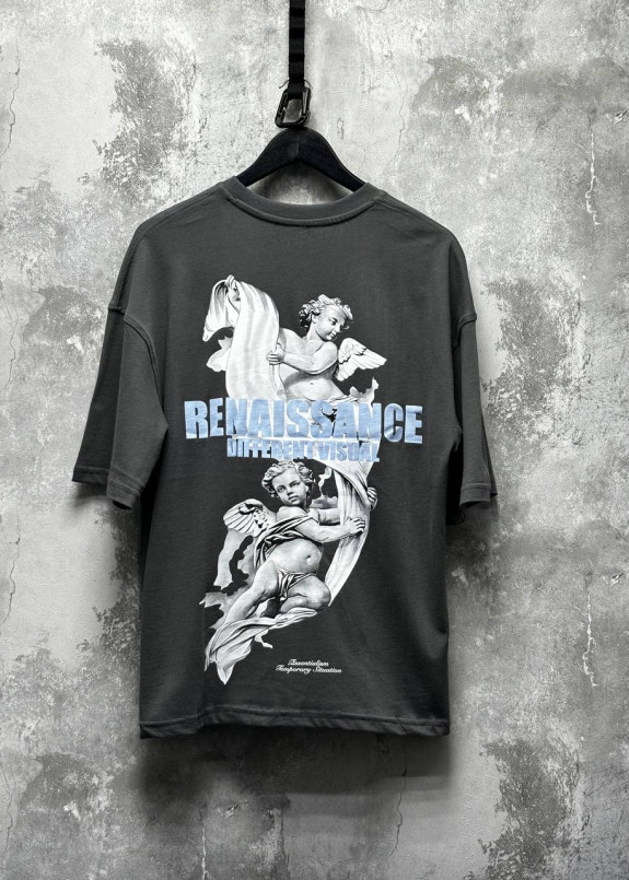 Футболка з текстом і принтами оверсайз cіра MFStore Изображение Футболка з текстом і принтами оверсайз cіра MFStore